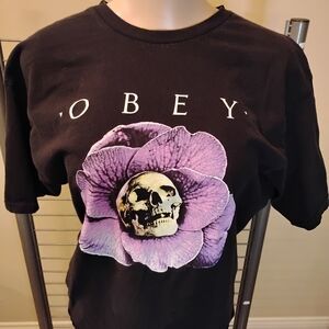 Obey Black Tee with Purple Flower and Skull